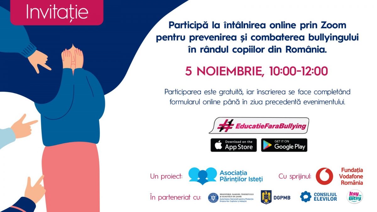 Elevii din toată țara, invitați pe 5 noiembrie la întâlnirea online gratuită Educație fără bullying